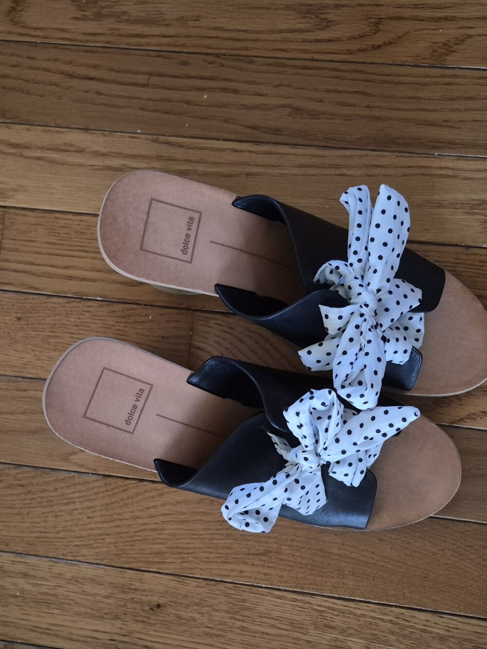 Dolce Vita Black Slide Sandals with White Polka Dot Bow Accent